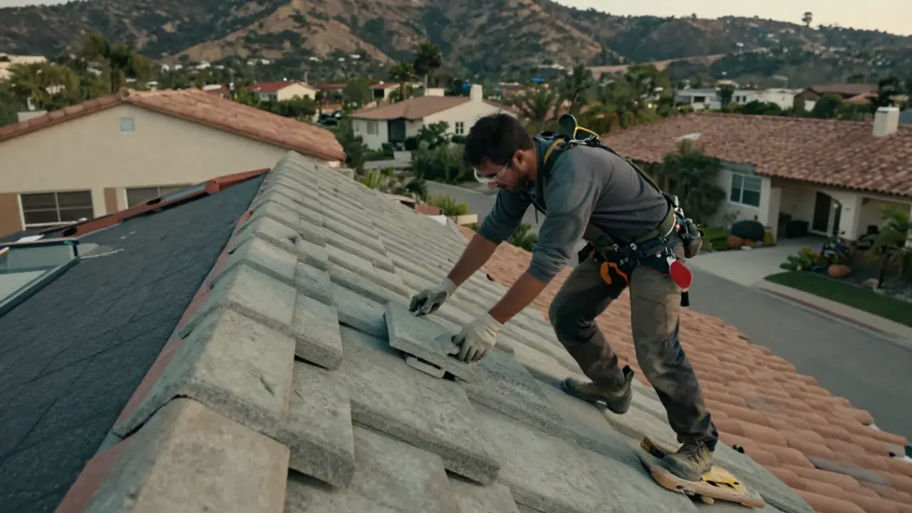 Broken & Cracked Tile Repair in Laguna Niguel, California: tile roofer carefully setting a new, matching concrete roof tile