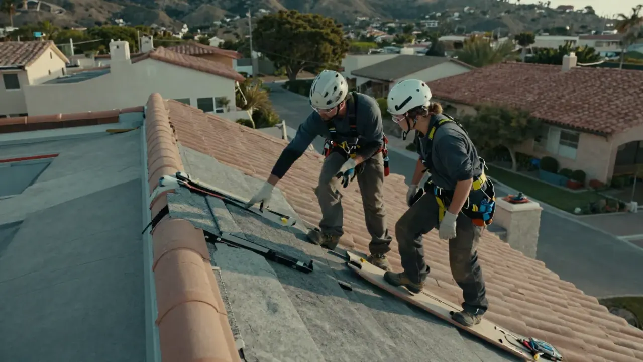 Tile Roof Repair in Laguna Niguel, California: Two roofers on a roof, one pointing to a section of damaged underlayment
