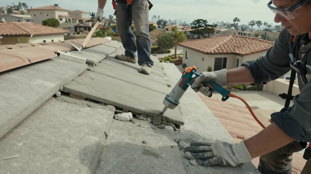 Tile Roof Repair in Laguna Niguel, California: Close-up of a roofer's gloved hands applying roofing cement with a caulk gun