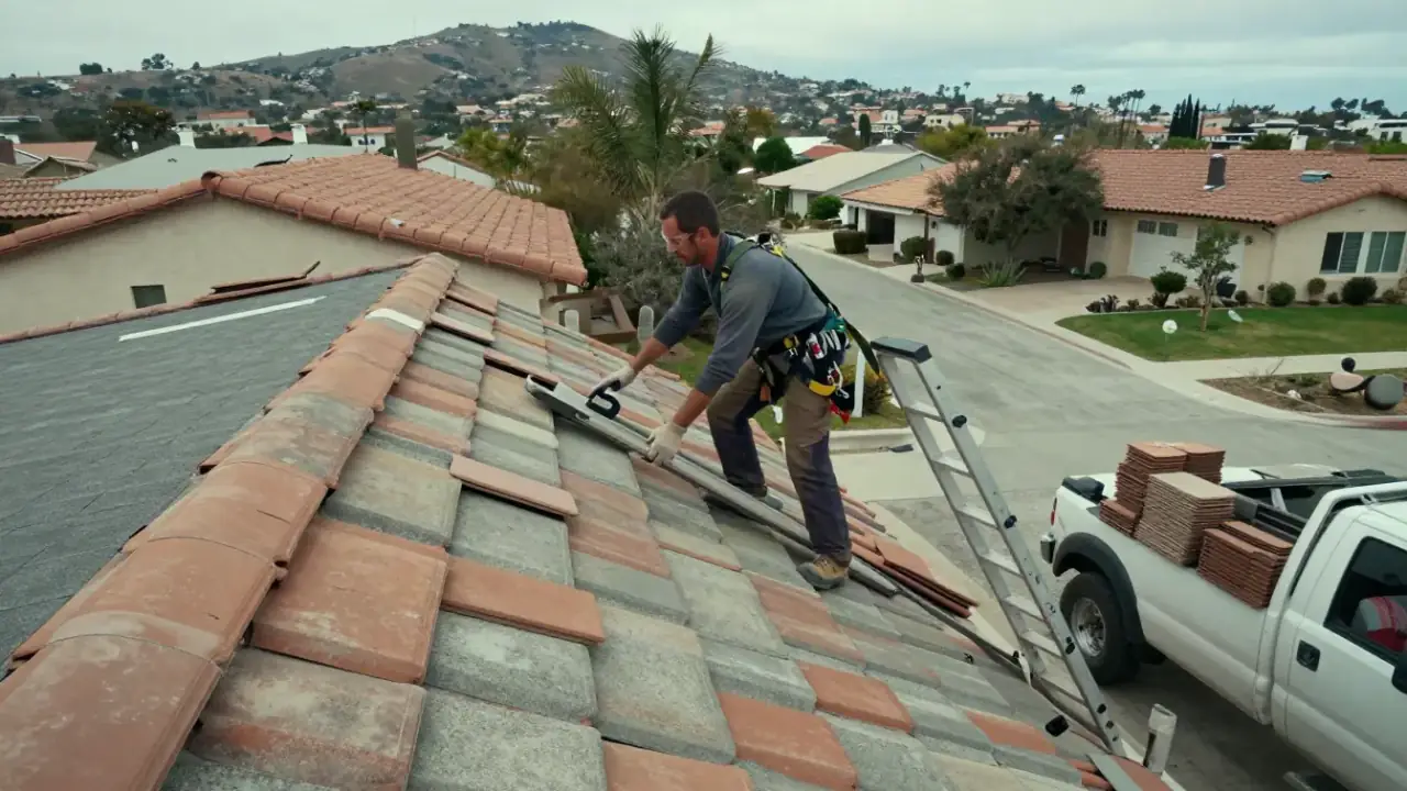 Tile Roof Repair in Laguna Niguel, California: service vehicle parked in a residential driveway, clearly equipped with